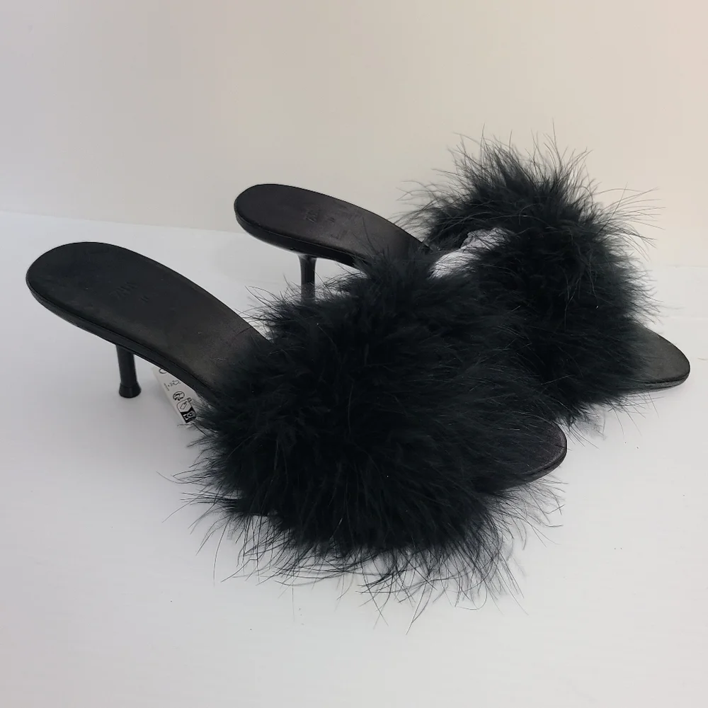 ZARA HEELED MULES WITH FEATHERS Black SIZE  | 1302/110/800